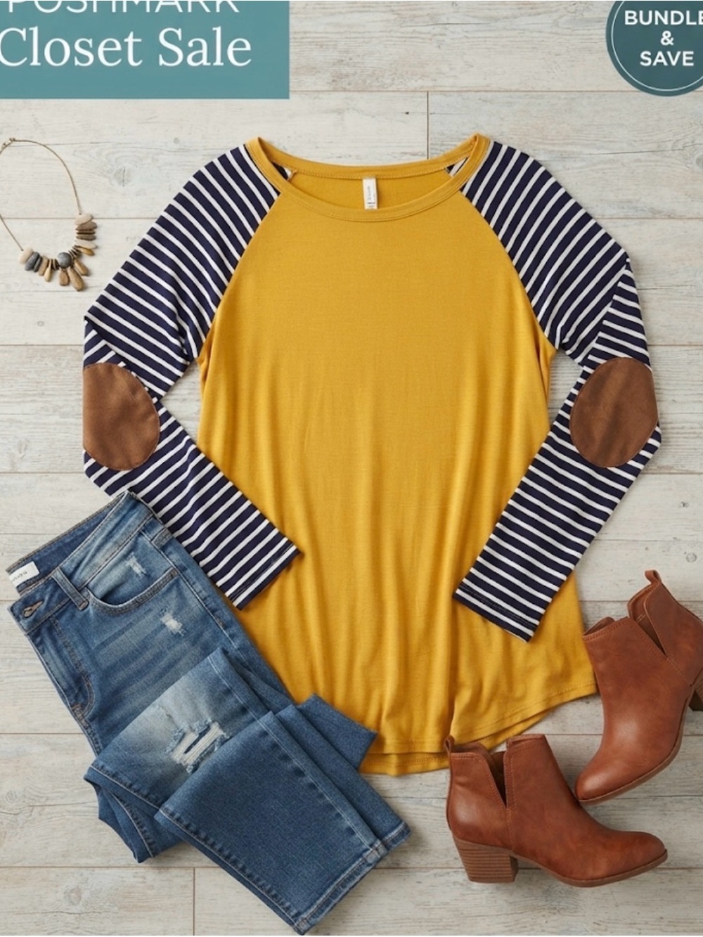 Mustard Raglan Long-Sleeve Tee with Navy Stripe Sleeves and Brown Elbow Patches